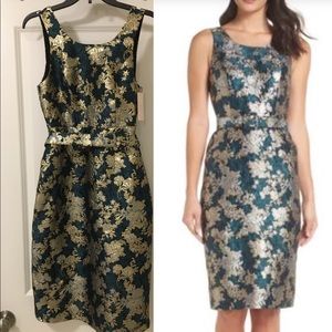 Charles Henry gold/green jacquard sheath dress.